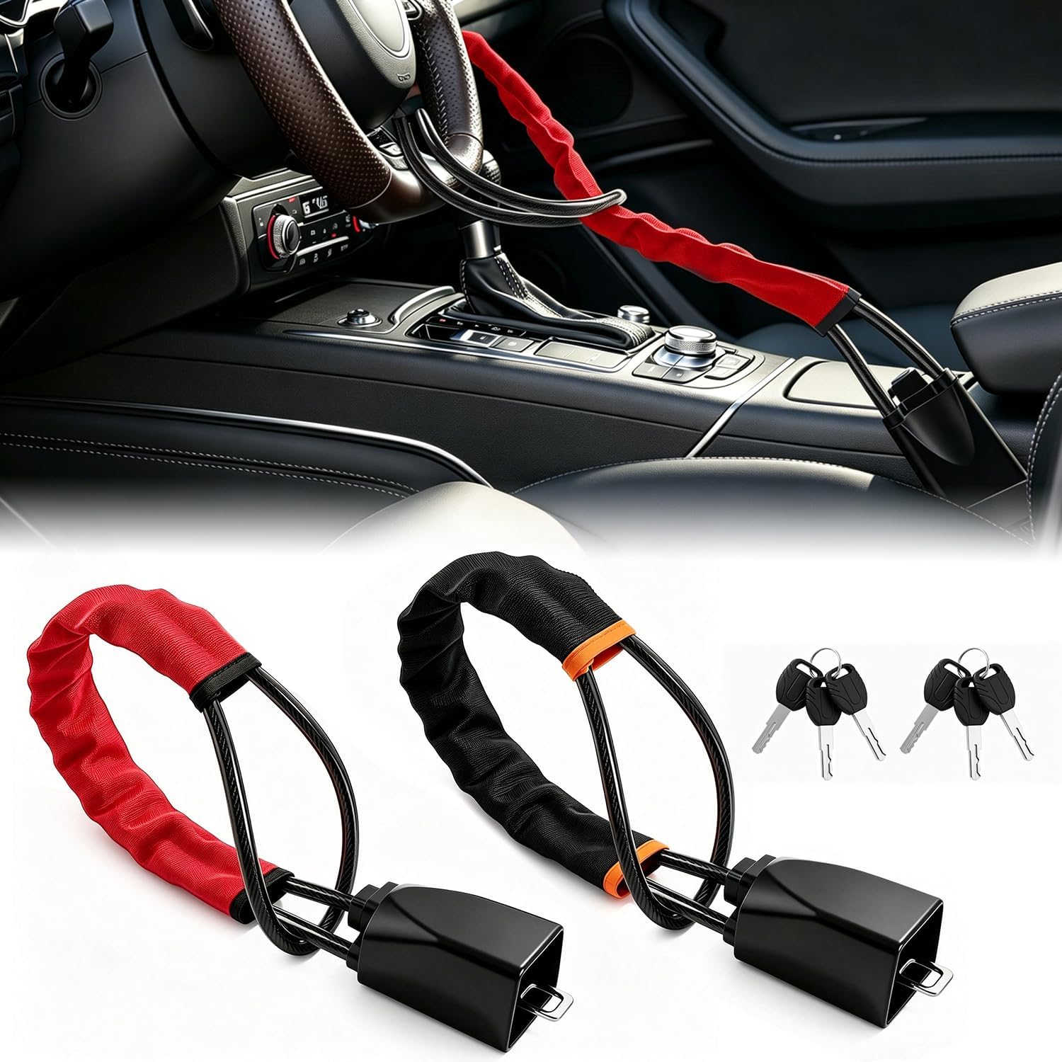 Car Steering Wheel Lock, 2 Pack Anti Theft Device with Seat Belt Lock, Max 17" Locking Length, Thickened Steel Wire, Quick Install, 3 Keys Included, Easy to Store, Fits Most Cars, SUVs & Truck