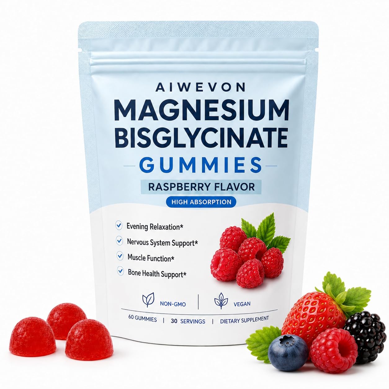 Magnesium Bisglycinate Gummies 400mg, Premium Vegan Magnesium Glycinate Gummies for Adults, Raspberry Flavored Chelated Magnesium Supplement, Easy Chew Daily Wellness Gummies, 60 Count