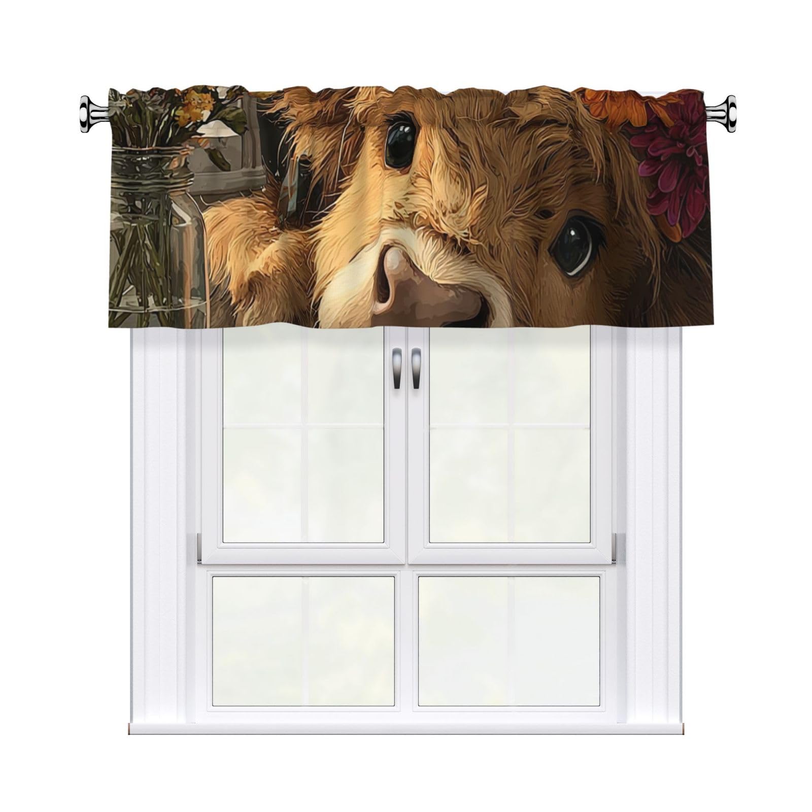HJKJKKJ Window Valance 137x 46 CM Kitchen Curtains Highland Cow Valances for Windows Vintage Short Window Curtains Farmhouse Rod Pocket Decorative Curtain Valance for Bedroom Bathroom