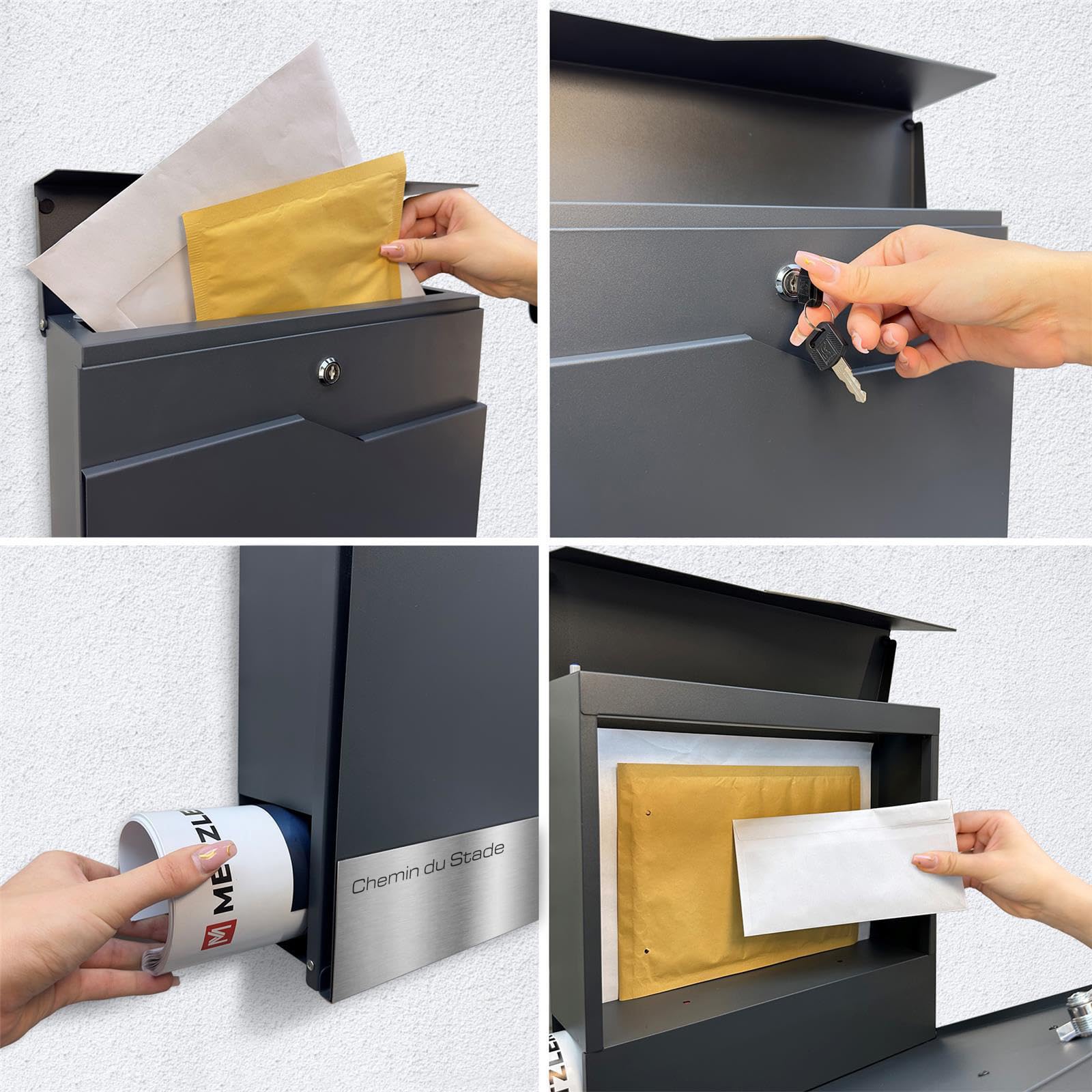 Metzler Boîte aux Lettres Murale avec Porte-nom, Design Moderne avec Compartiment à journaux Anthracite RAL 7016, Personnalisable avec Plaque Nominative en Acier Inoxydable V2A | Modèle Siebert…