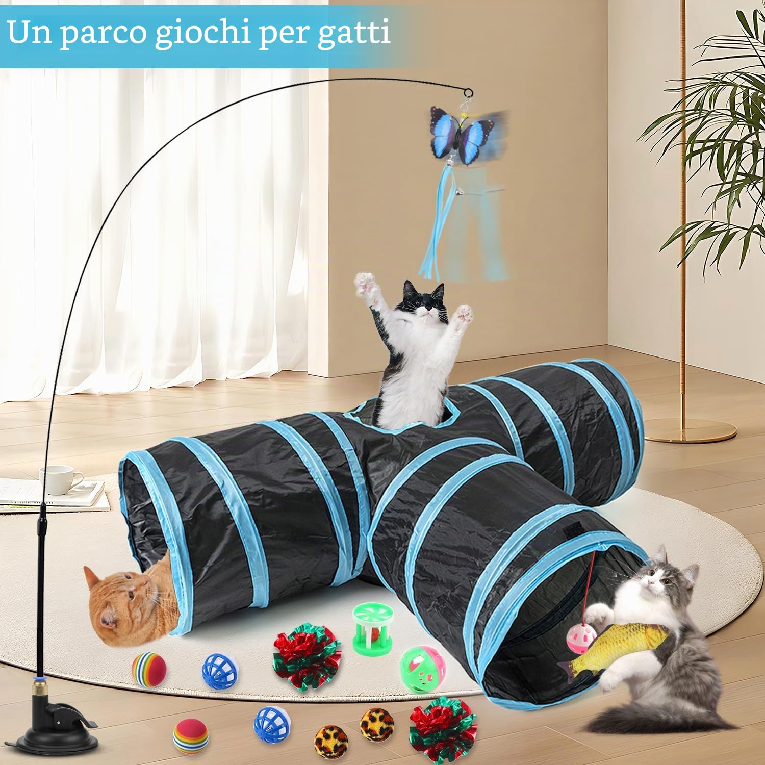Set di 39 giocattoli interattivi per gatti e conigli, tunnel di gioco pieghevole a 3 vie, ventosa rotonda, accessori per attività