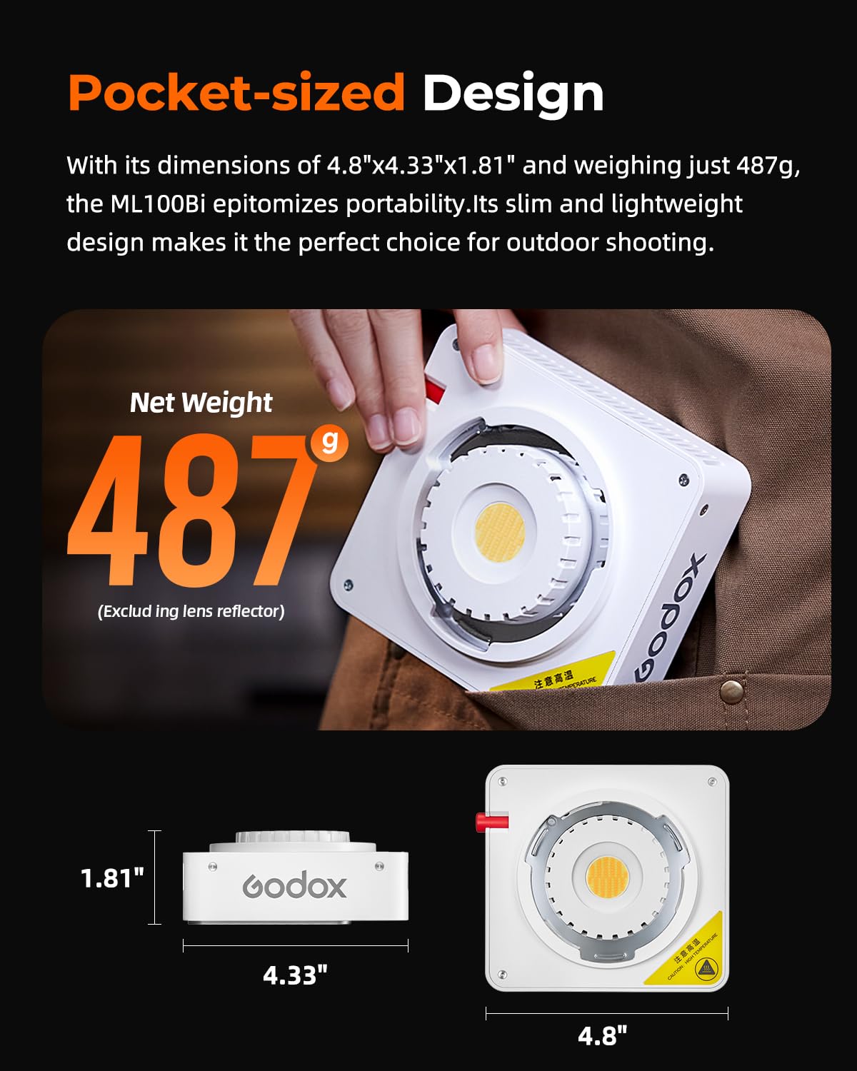 Godox ML100Bi 120 W LED światło wideo z Godox Square Softbox ML-SF50, AK-B02 ręczny adapter do baterii, 2800 K-6500 K, dwukolorowe oświetlenie wideo, sterowanie aplikacją, obsługa ładowania USB-C