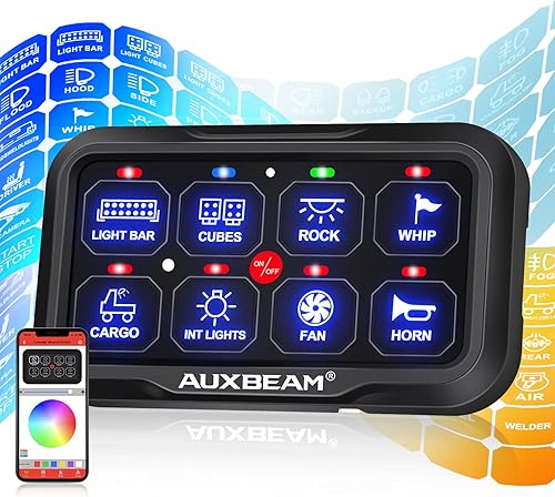 Auxbeam Panel de interruptor de 8 bandas AR-820 Bluetooth RGB Panel de interruptor automático regulable con interruptor LED pulsado momentáneo,