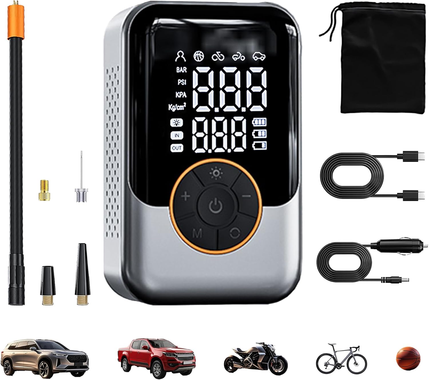 Cordless Portable Tire Inflator, Fast with Digital Pressure Gauge, Emergency LED Light for Car/Motorcycle/Bike/Inflatables, 150PSI Rechargeable & 12V DC Dual Mode (C-Dark Grey)