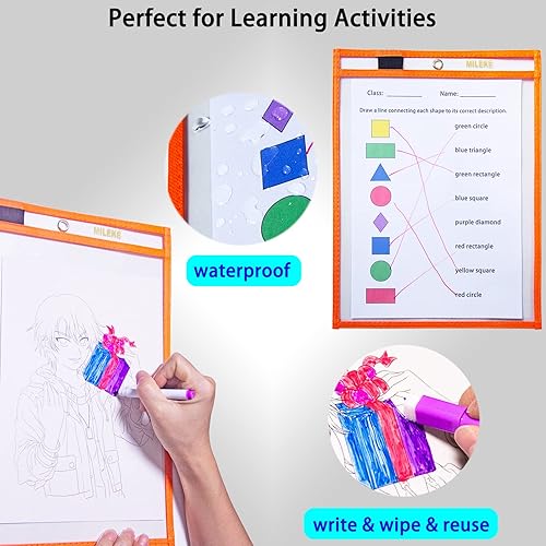Miniatura 2 de MILEKE Bolsillos de borrado en seco resistentes, fundas de borrado en seco regrabables para la escuela y el trabajo, protectores de hojas de trabajo