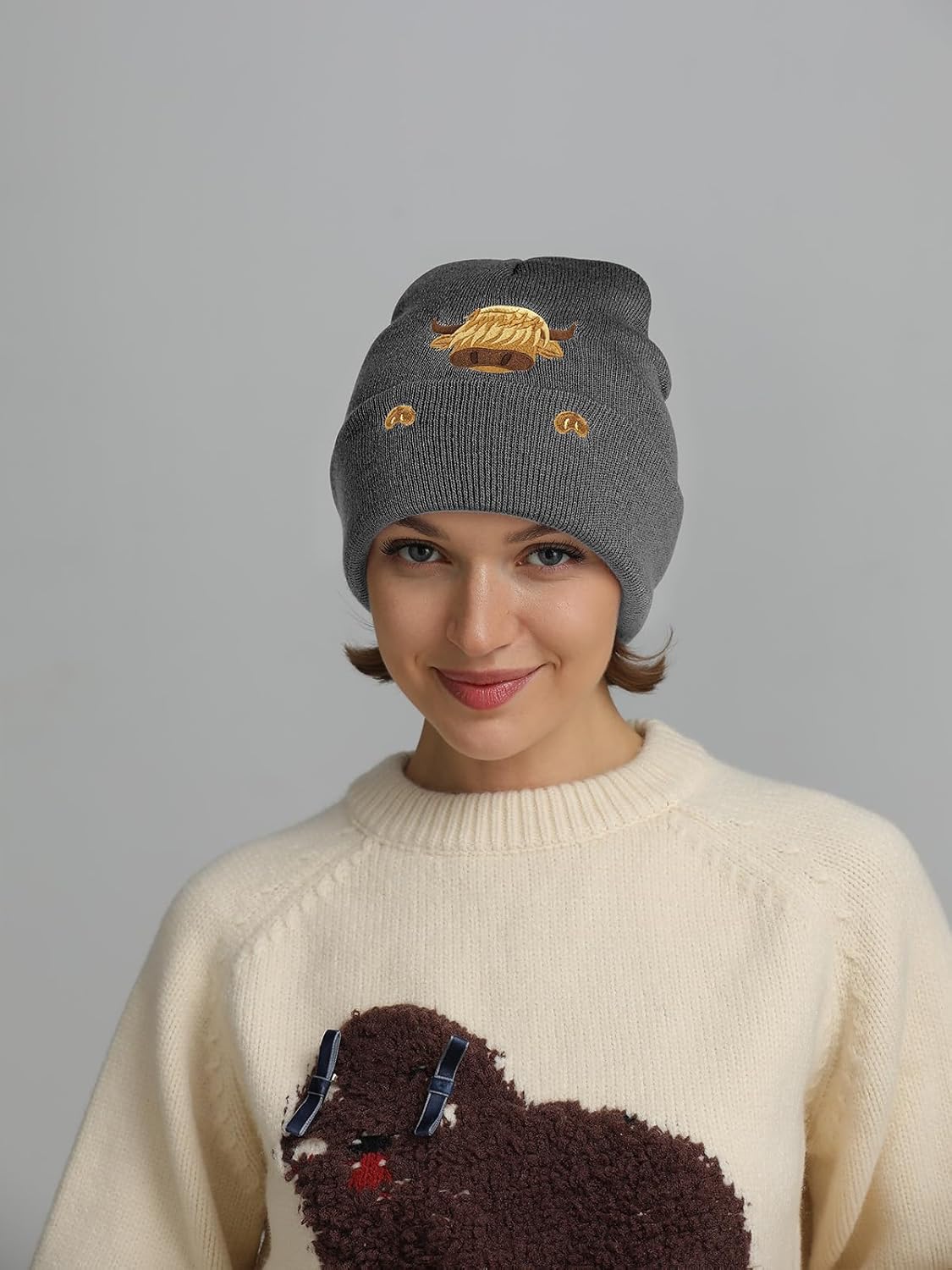 Highland Cow Embroidered Beanie Hat for Women Men Highland Lovers Cute Christmas Stocking Stuffers Animal Birthday Gifts - Image 2