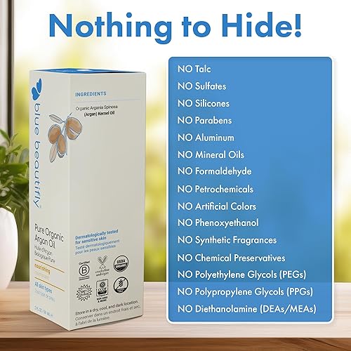 Miniatura 2 de Blue Beautifly Aceite de argán orgánico puro certificado por USDA para cabello y piel, restaura la elasticidad de la piel, fortalece las hebras del