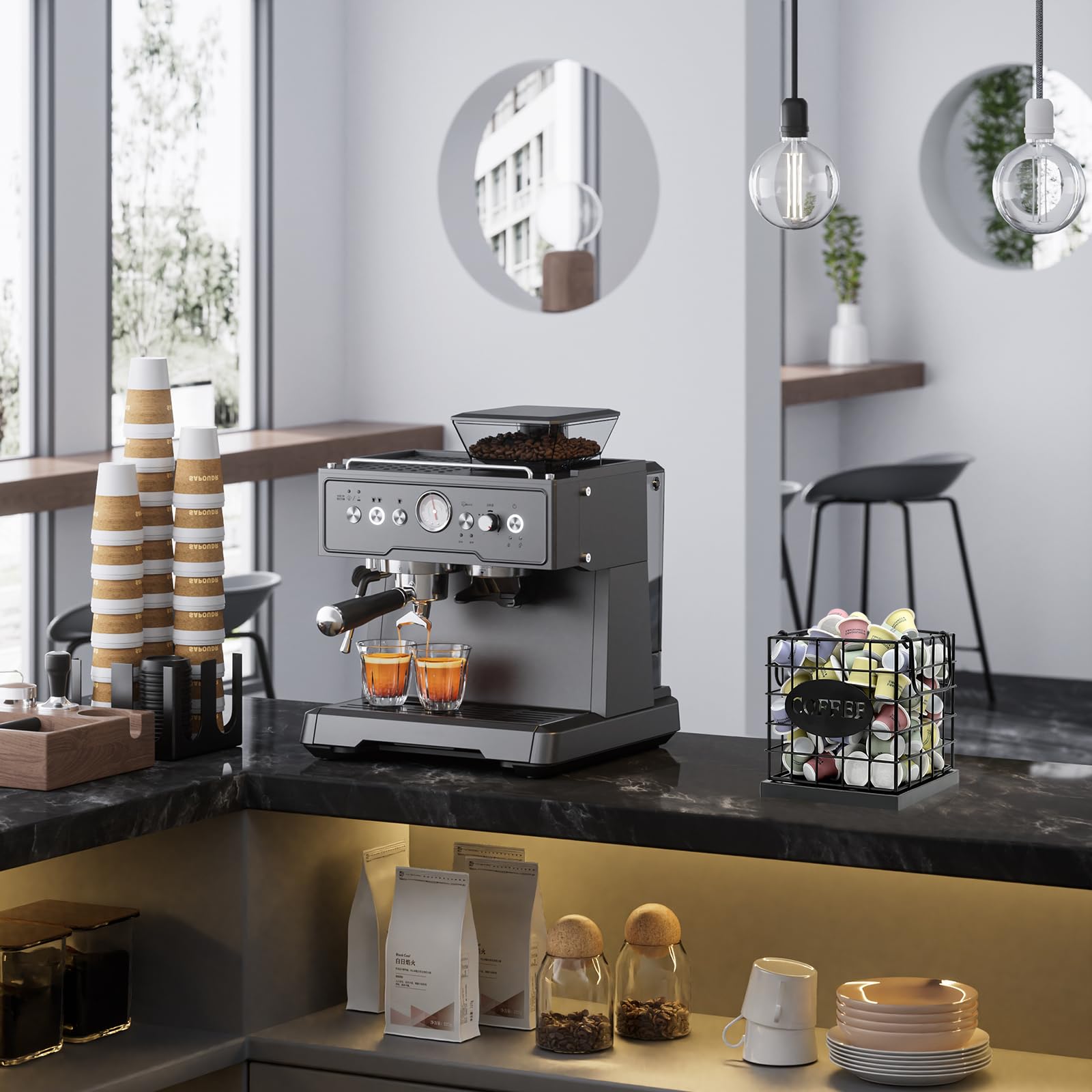 Organizador de cápsulas de café, organizador de gran capacidad, cesta de almacenamiento para encimera de cocina, oficina, cafetería, bar con base de madera (cuadrado negro rústico)