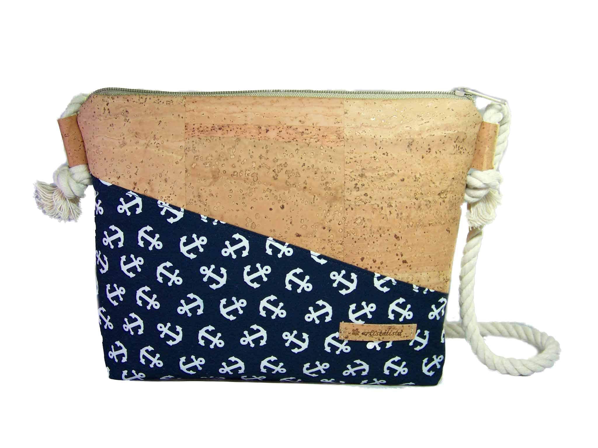 Handmade Korktasche mit Anker Stoff Schultertasche Umhängetasche Damen Tasche Handtasche, nachhaltig vegan und fair