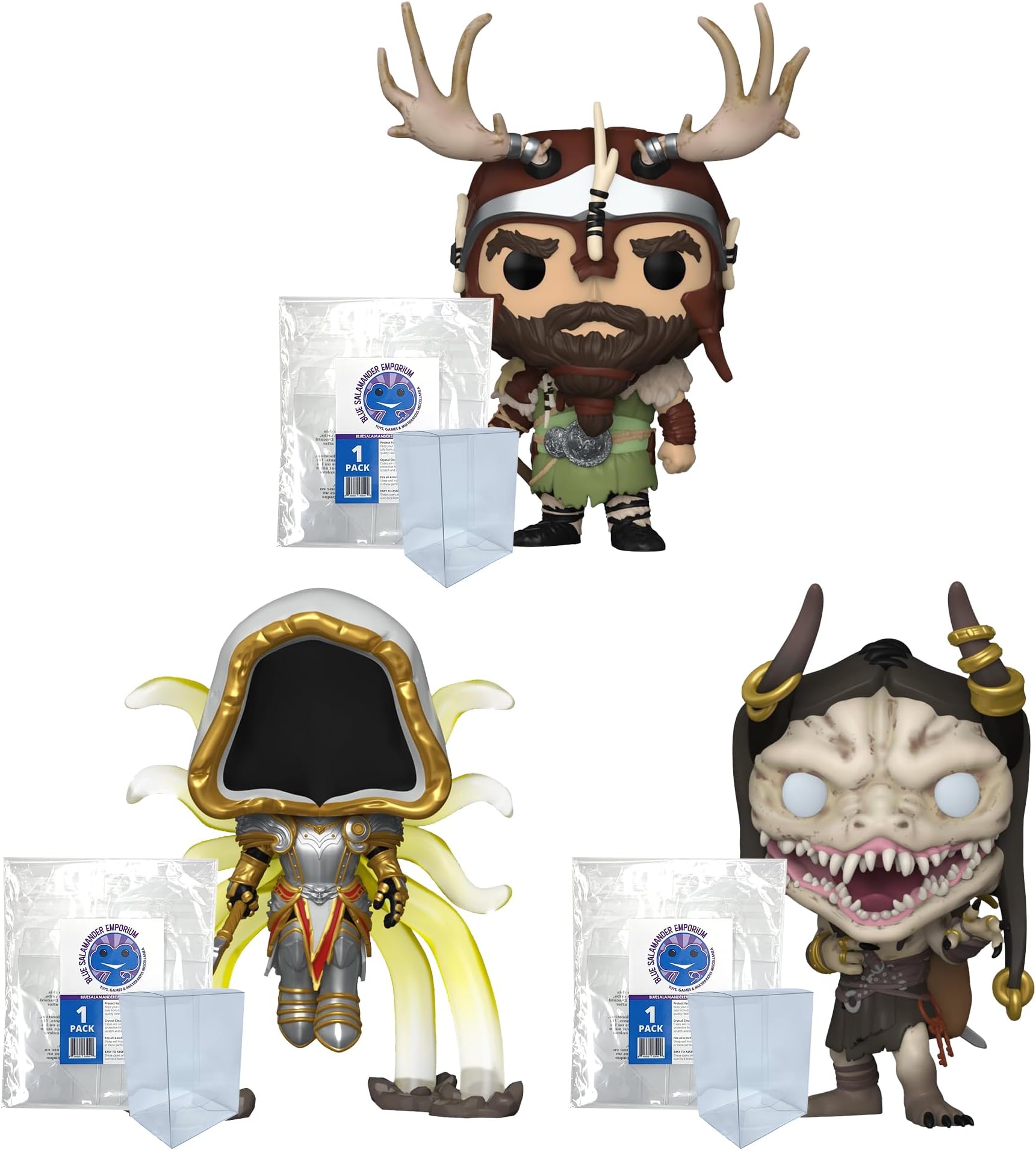 Blue Salamander Emporium Protector Case + Vinyl Figure Bundle - Includes Diablo IV Set of 3: Druid #941, Inarius #952, Treasure Goblin #953 Vinyl Figures + 3 Plastic Protective Cases