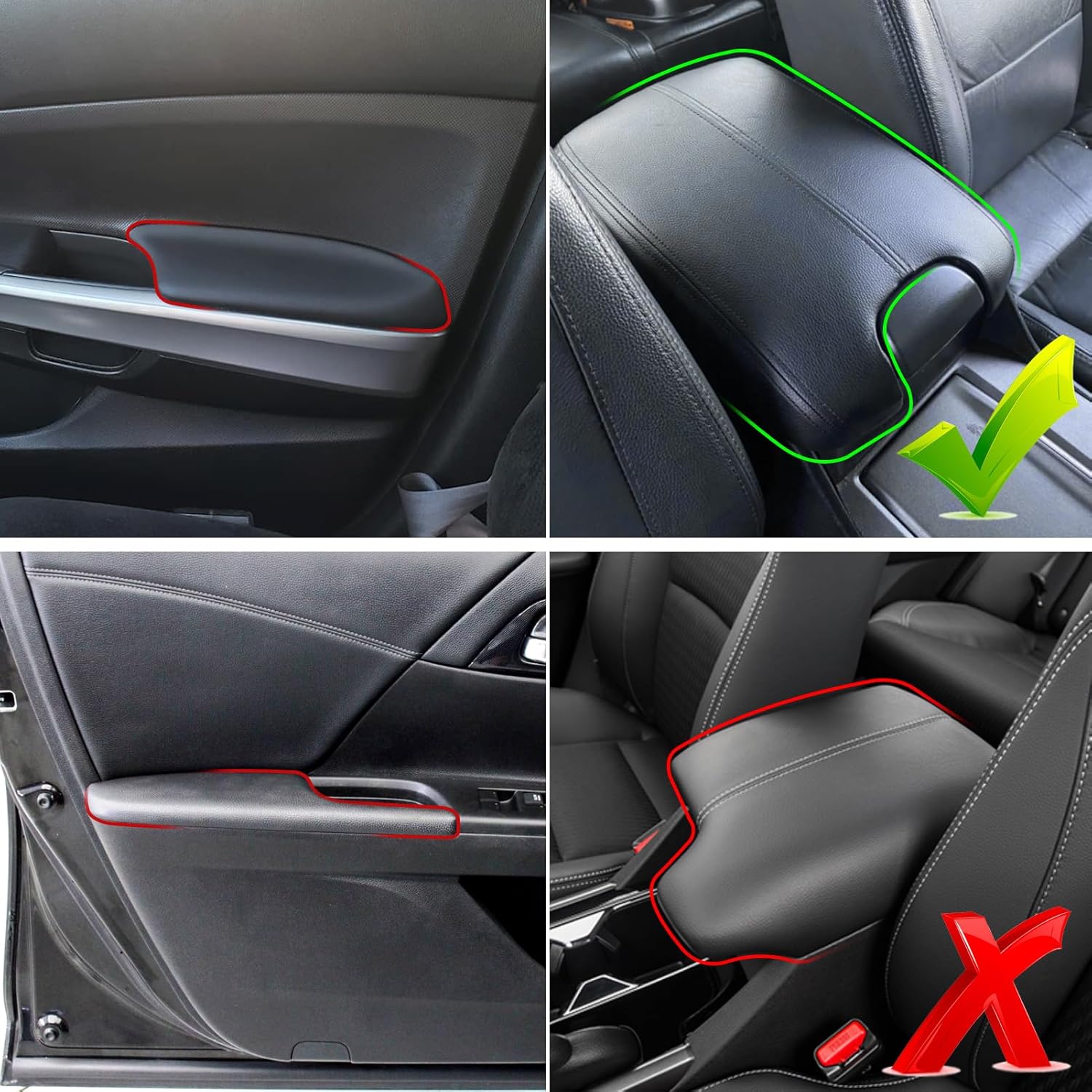 Compatible with Honda Accord Sedan 2008-2012 Center Console Cover & Front Door Panels Armrest Replacement,Leather Front Door Panel Lids Armrest Cover Set for Accord EX/EX-L/LX/LX-P/SE(Black)