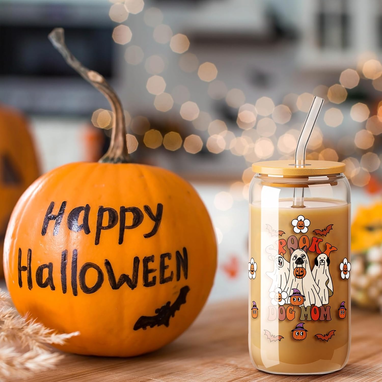 Honeydak Halloween Ghost Glass Cup 16 oz Funny Spooky Iced Coffee Tumbler with Bamboo Lid Straw and Brush Cute Halloween Dog Bottle Fall Glass Cup Gift for Women Birthday Family Party Decoration - Image 4