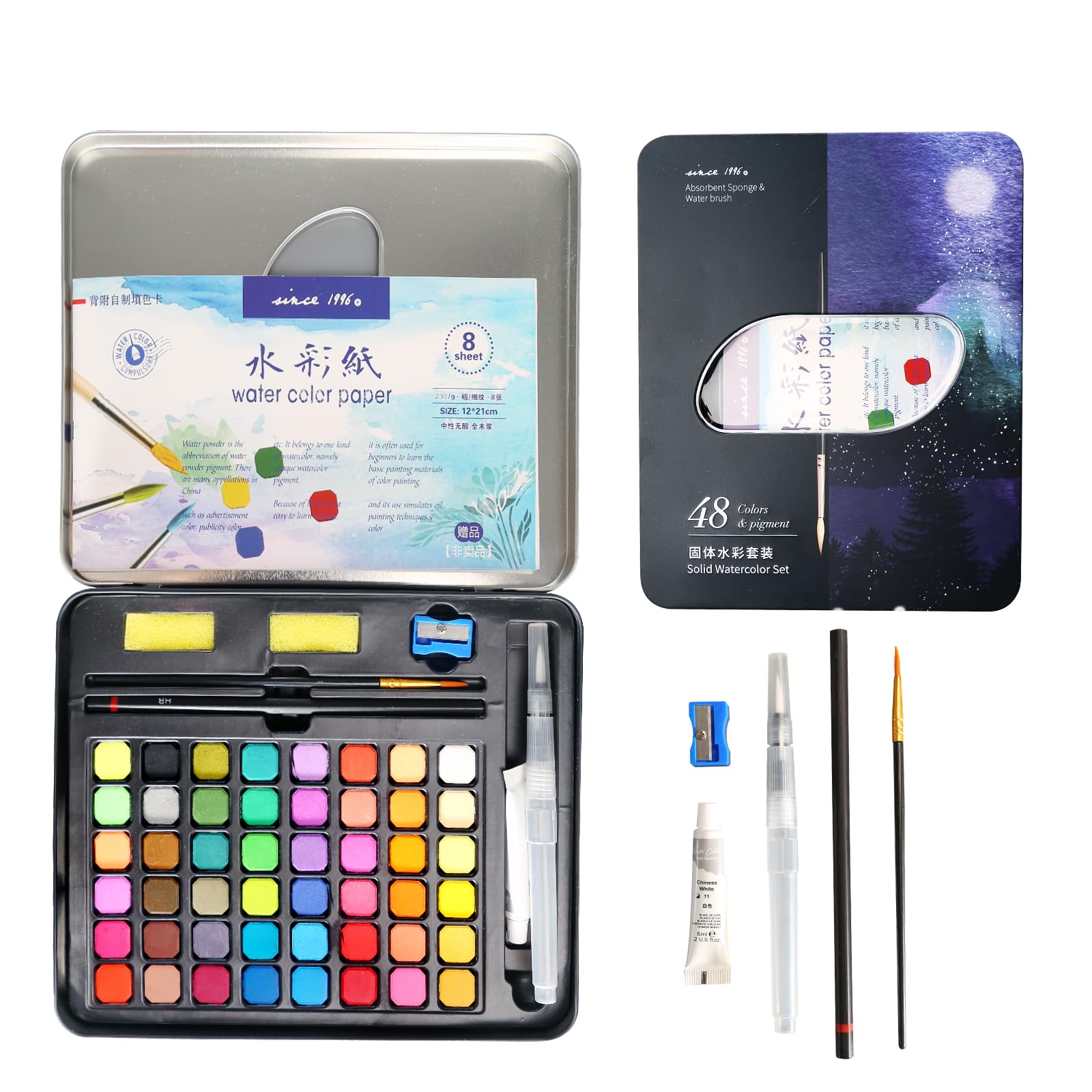 Wenrescry Set de Acuarelas 64 Piezas - 48 Colores Sólidos con Pincel de Agua, Pincel de Nylon, Lápiz 2B, Pintura Acuarela Blanca, Sacapuntas, Esponjas, Papel de Acuarela y Bolsa de Terciopelo