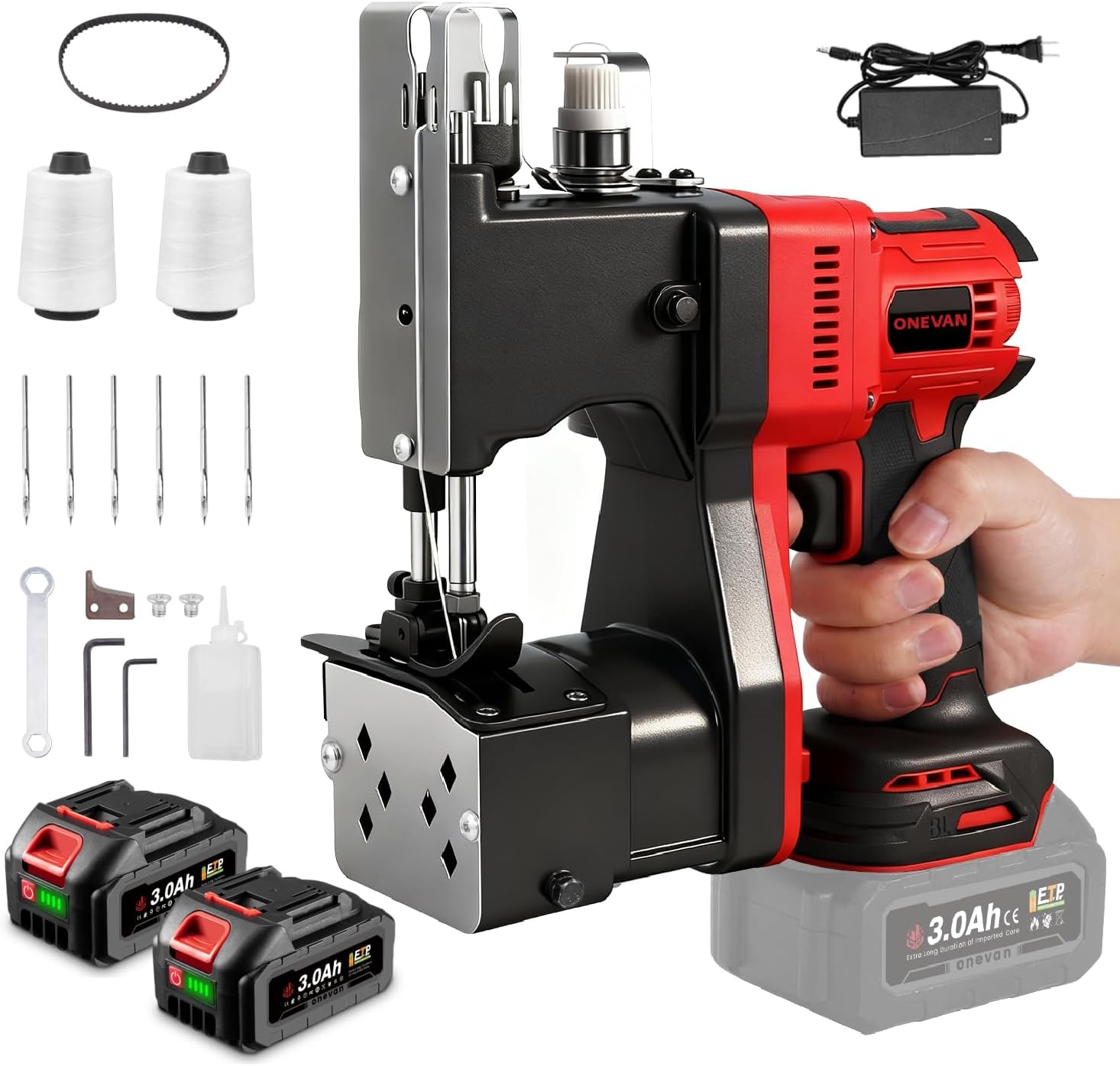 Cordless Bag Closing Machine with 2x3.0A Batteries, Brushless Motor, Battery Bag Sewing Machine Portable Bag Closer Stitcher Packing Machine for Feed Sacks, Rice Bags, Burlap Sack Red