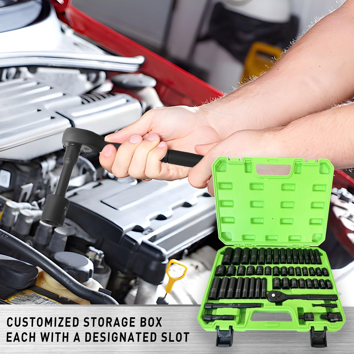 3/8" Drive Socket Set 50-Piece, SAE (5/16" - 3/4") & Metric (8mm - 22mm), Deep & Shallow Impact Socket Set with Case, 6 Points, Premium CR-V, Extension Bars, Universal Joint & Power Drill Adapter