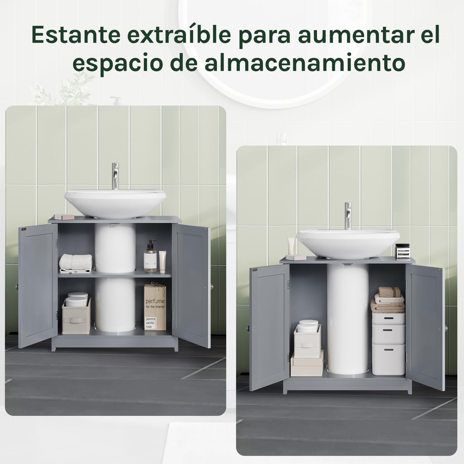 WOLTU Mueble para Debajo del Lavabo Madera, 2 Puertas para Cuarto de Baño 60x60x30cm, Gris