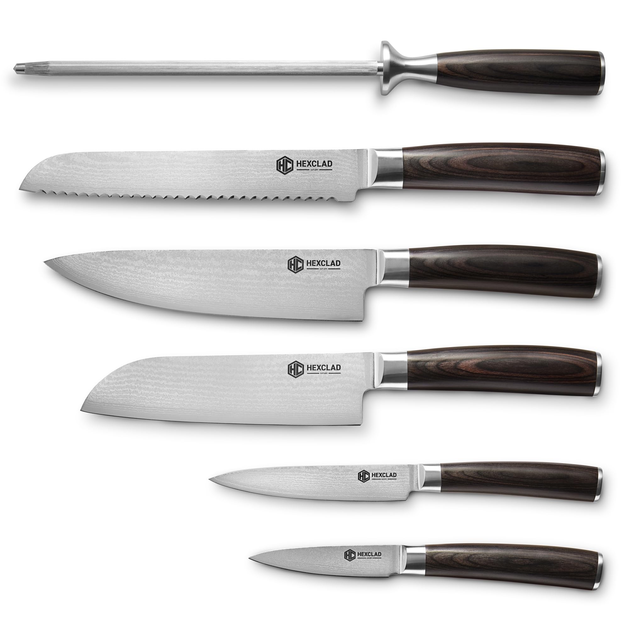 HexClad Espresso 6 Piece Japanese Damascus Stainless Steel Knife Set