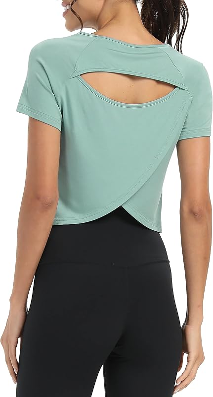 Short Sleeve Cross Back Workout Crop Tops Backless Yoga Gym Shirt
