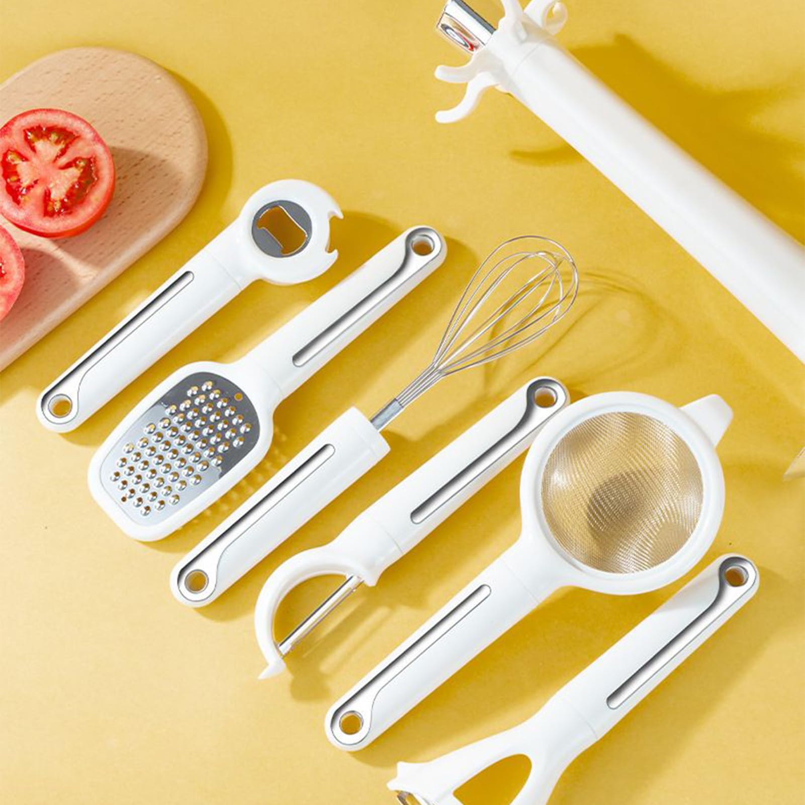 Küchen-Gadget-Set Beinhaltet Schäler, Reibe, Schneebesen, Sieb, | Ei-Schneebesen mit Ständer Ergonomisches Griffhelfer-Set beinhaltet Flaschenöffner, Schäler, Reibe, Schneebesen, Si