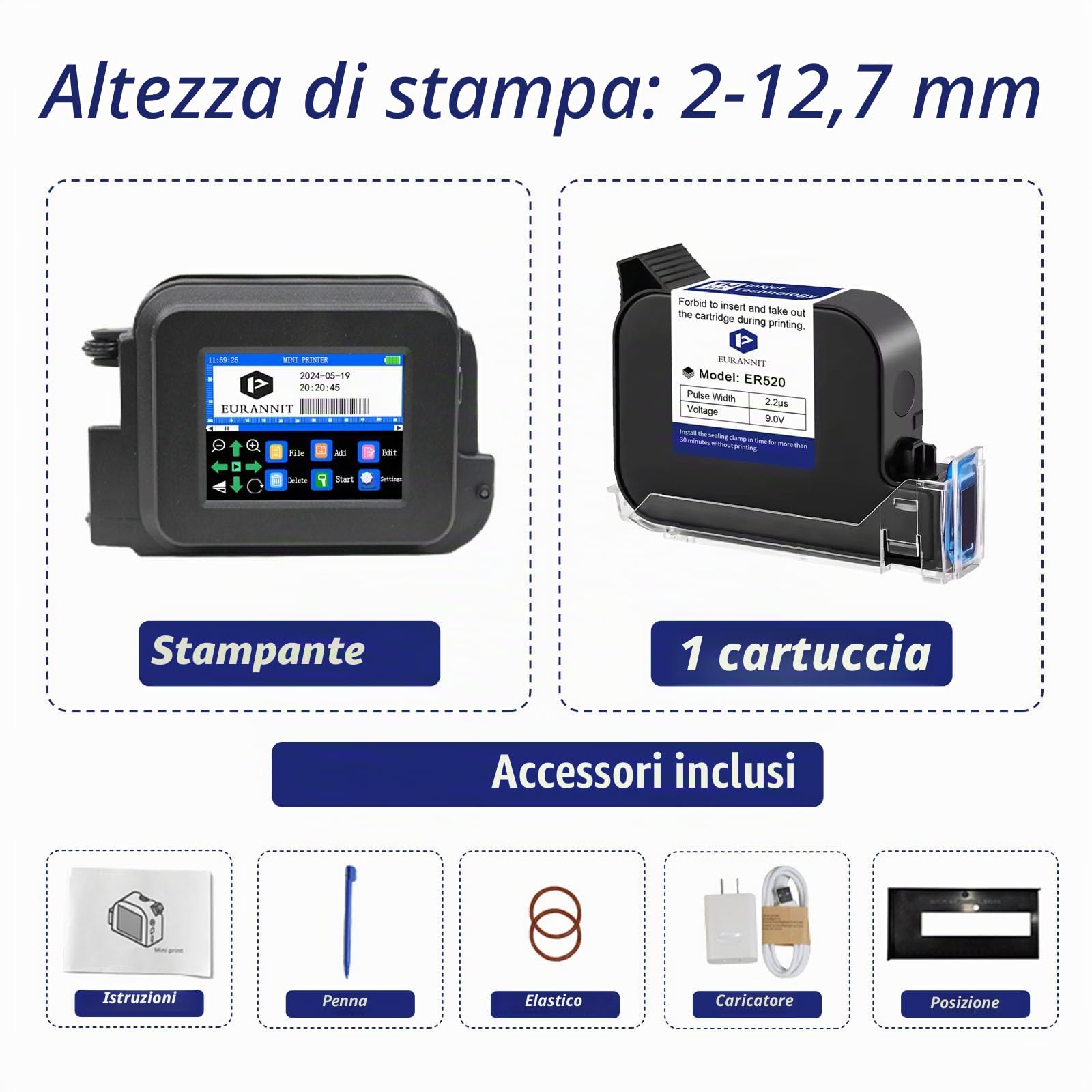 Stampante Palmare Portatile XMINI 12,7 mm, Mini stampante a Getto d'inchiostro per Codifica di Testi, Codici QR, Numeri di Lotto, Loghi, Date - Inchiostro ad Asciugatura Rapida 42 ml