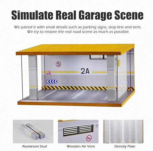 Miniatura 3 de cxiiuui Vitrina Hot Wheels a escala 124 con luz LED y cubierta acrílica, aparcamiento, garaje de madera, fundida a presión, 2 espacios de