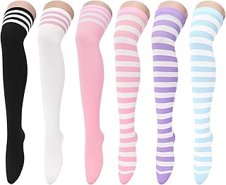 Women's 6-Pack Cotton Thigh High Over Knee Socks - Striped Boot Socks & Leg Warmers for Daily, Sports, Cosplay