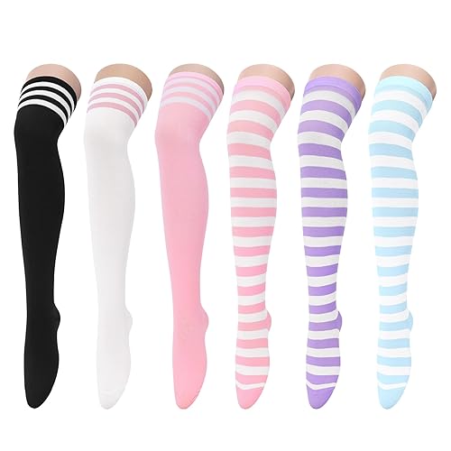 Zando Women's 6-Pack Cotton Thigh High Over Knee Socks - Striped Boot Socks & Leg Warmers for Daily, Sports, Cosplay - One Size - B Colored Stripes*6