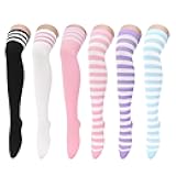 Women's 6-Pack Cotton Thigh High Over Knee Socks - Striped Boot Socks & Leg Warmers for Daily, Sports, Cosplay