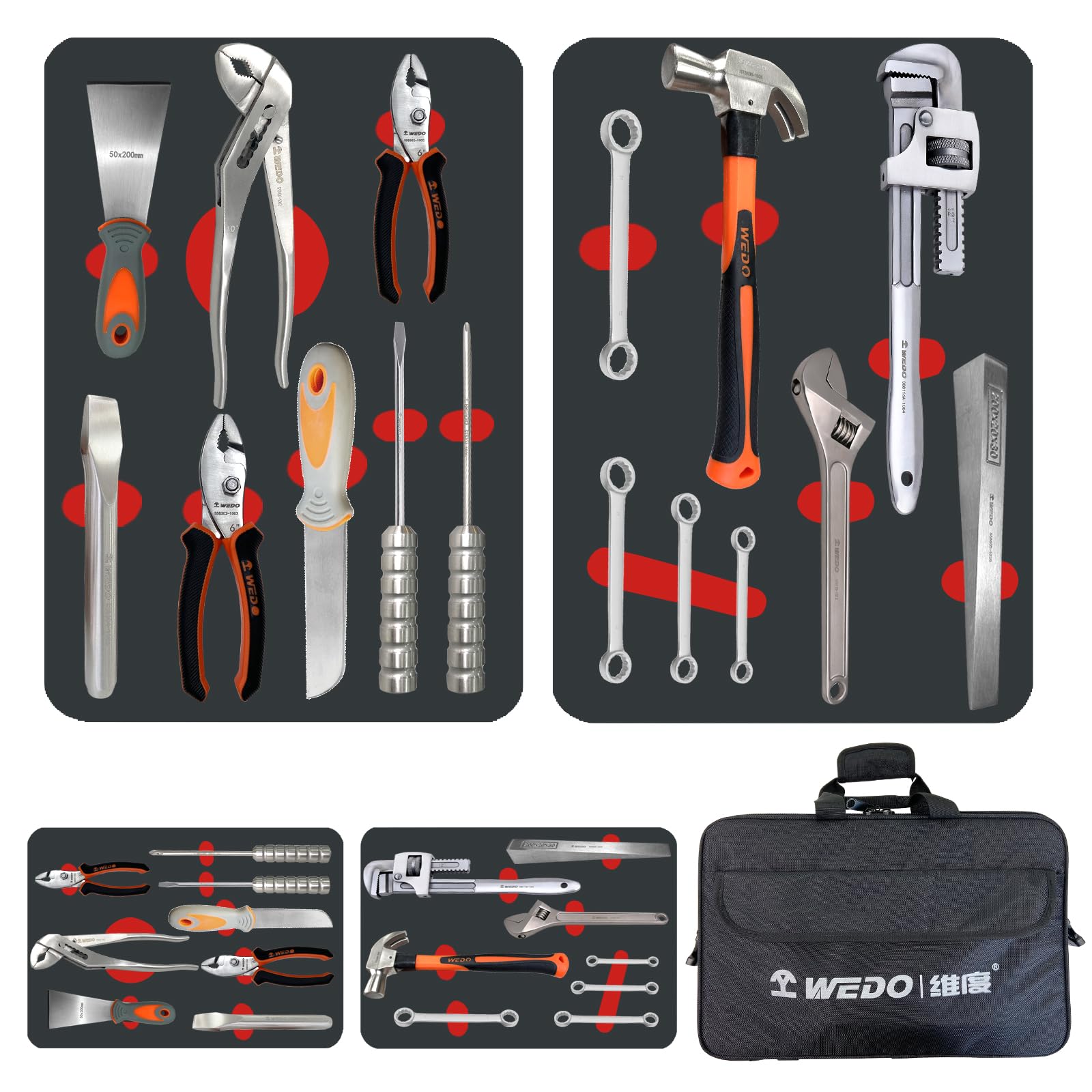 WEDO Set di attrezzi da 16 pezzi, chiave a doppia scatola, chiave regolabile, chiave per tubi, pinze per giunti scorrevoli, pinze combinate, cacciaviti, martello da carpentiere, scalpello, acciaio