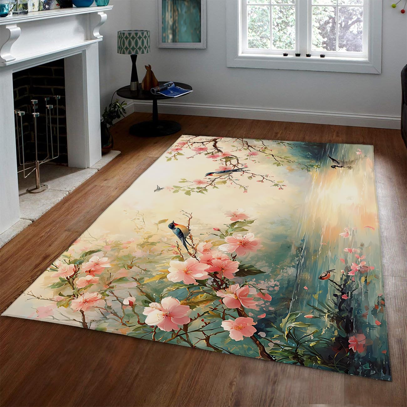 Zmywalny dywan o wymiarach 150 x 200 cm, elegancki, marzycielski dywan kuchenny, kwiat wiśni, scena nabrzeżna, ptaki i kaczka, mata podłogowa, antypoślizgowa, do wewnątrz, antypoślizgowy