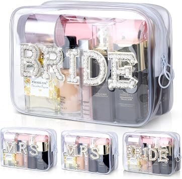 Etercycle Bride Clear Makeup Bag, Bridal Shower Gifts Engagement Cosmetic Bag, Bling Pearl Rhinestone Letter Patches Waterproof PVC Travel Organizer for Women Wedding Bachelorette PartySilver
