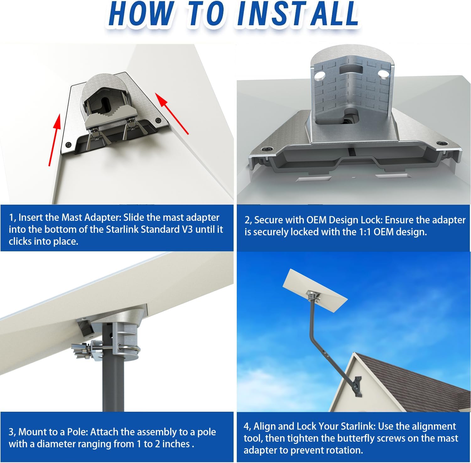 CEKAY Starlink Mounting Kit (Includes 51" Pole and Adapter) – Sturdy Pole Mount with Adapter for Gen3/V3 Standard Dish – Adjustable J-Pole Mast for Wall, Eave, or Roof