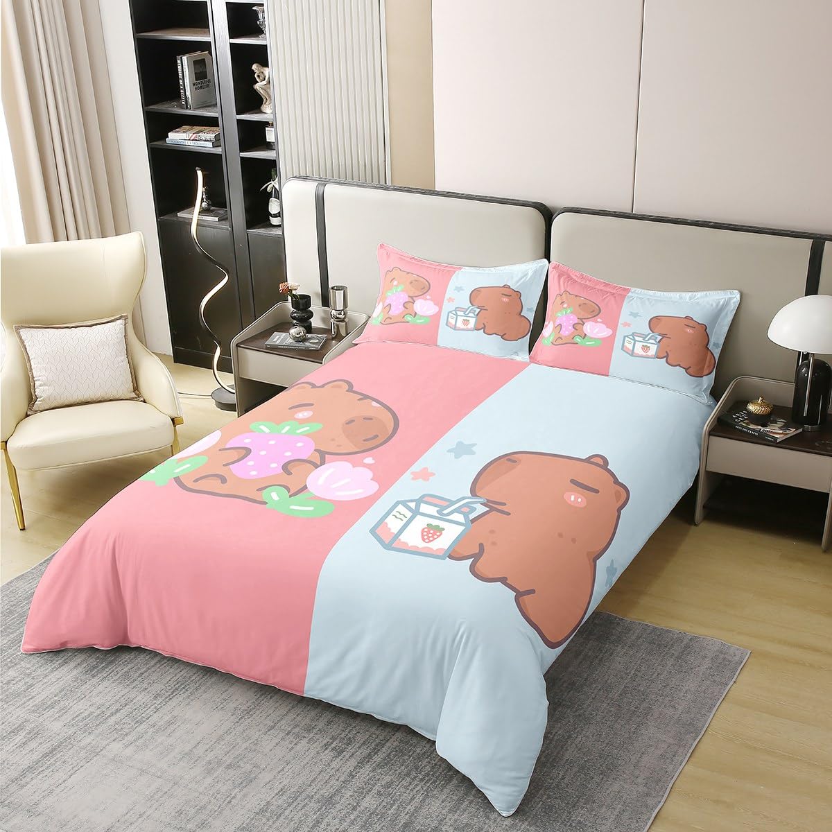 Homewish Kids Capybara 100% Cotton Duvet Cover Double,Kawaii Capybaras Comforter Cover,Cute Capybara Stuffed Animal Bedding Set,Cartoon Style Soft Breathable Quilt Cover Bedroom Decor,Pink Blue - Image 2