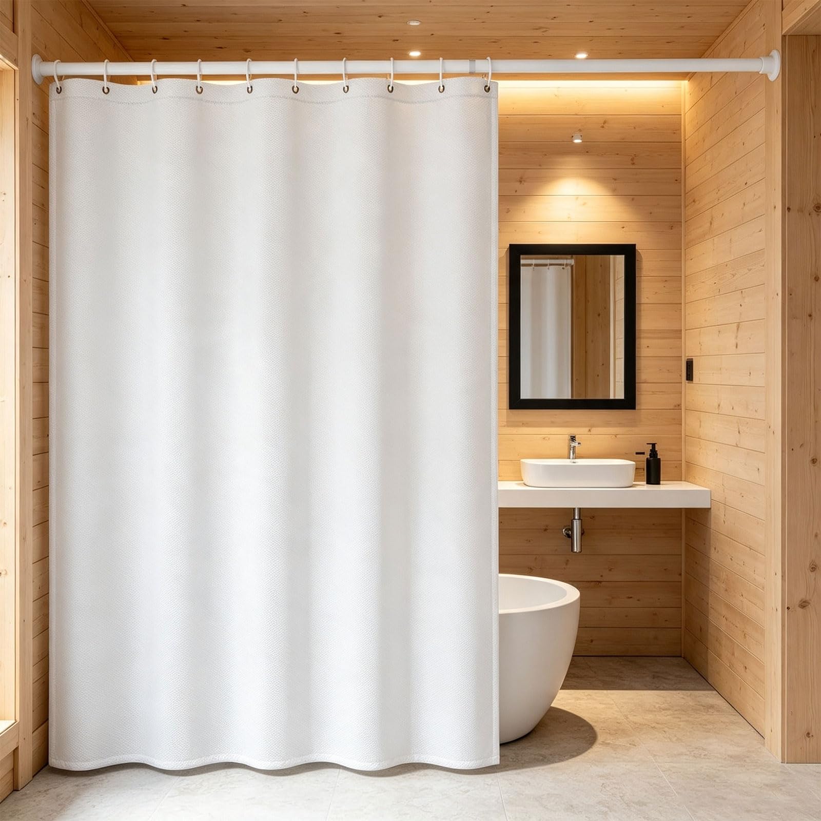 Rideau Douche 120 x 210 cm Imperméable Anti-Moisissures Polyester Rideaux de Douche Modern avec Œillets et Crochets pour Baignoire, Salle de Bain, Blanc