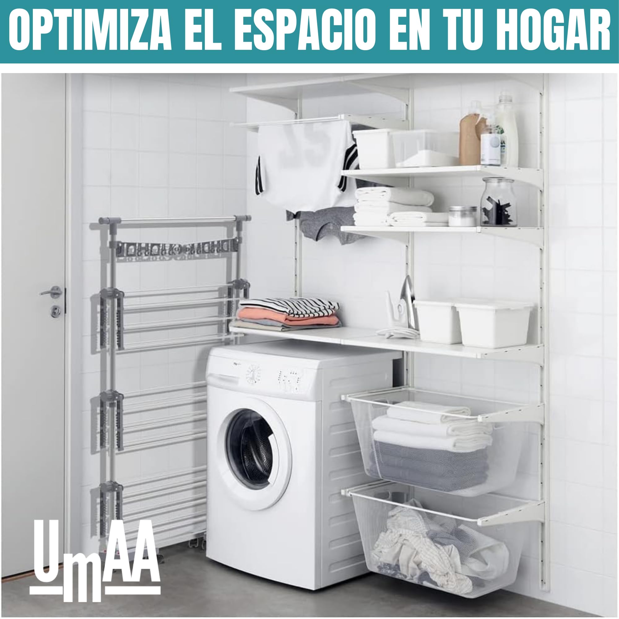 UMAA Tendedero Vertical Plegable Tendedero de Ropa con 6 Ruedas 2 Laterales Abatibles Estantes Ajustables y Marco de Acero Inoxidable para Interior y Exterior Blanco (167 X 67 X 165 CM)
