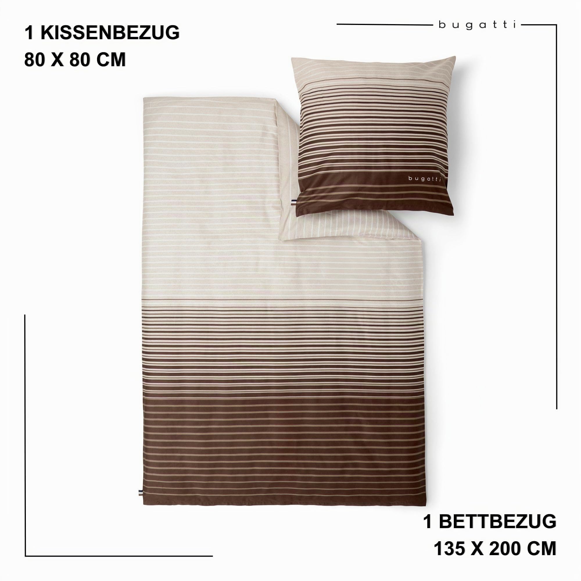 bugatti Bettwäsche 135x200 cm - 100% Baumwolle, Reißverschluss, anschmiegsam, weich & waschbar, Satinbettwäsche braun gestreift