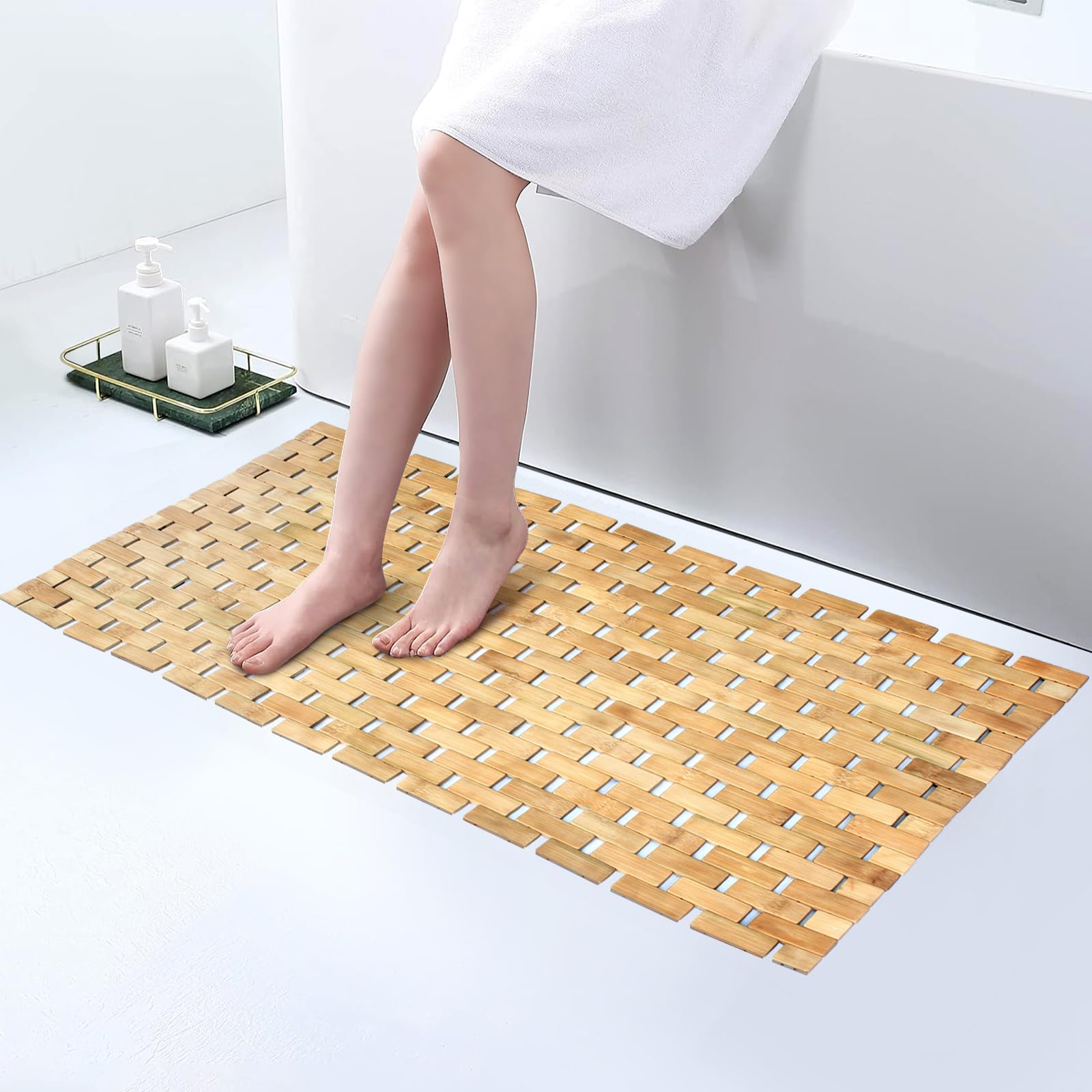 Smart FENDEE Natural Bamboo Bath Mat, 34 x 16 Inches Large Non-Slip Bamboo Shower Mat, Large Waterproof Foldable Wood Bath Mat for Bathtub, Sauna, Spa, Indoor or Outdoor Bathroom Accessories