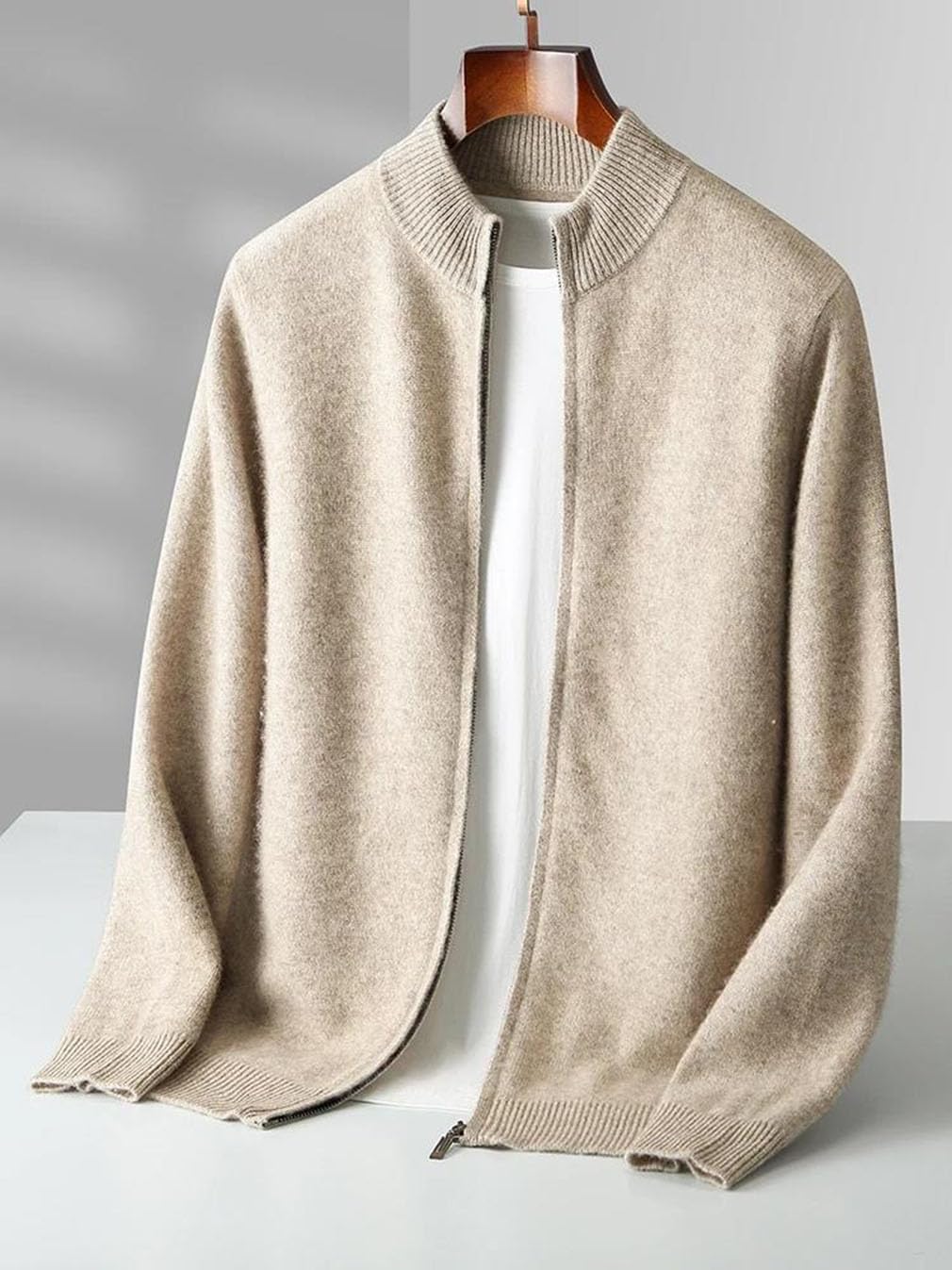 Men's Cardigan Zippers Half Mock Neck Long Sleeve Cashmere Sweater Thick Soft Knitwear