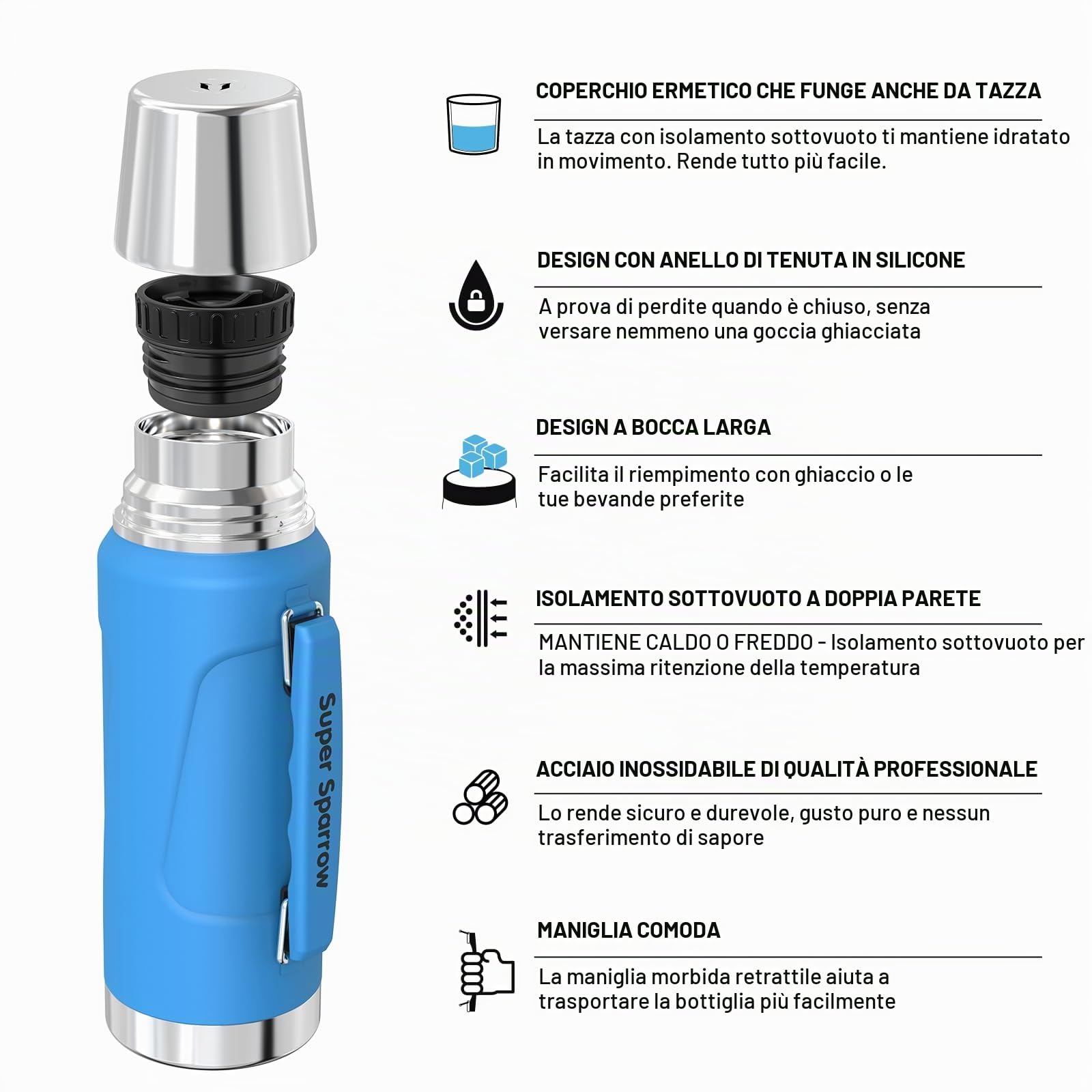 Super Sparrow Borraccia Termica - 750ml/1L/1.5L/2L - Bottiglia Termica in Acciaio Inox - Borracce Senza BPA - Mantiene Calde 12 Ore o Fredde per 24 Ore - A Prova di Perdite Tappo Funge Anche da Tazza