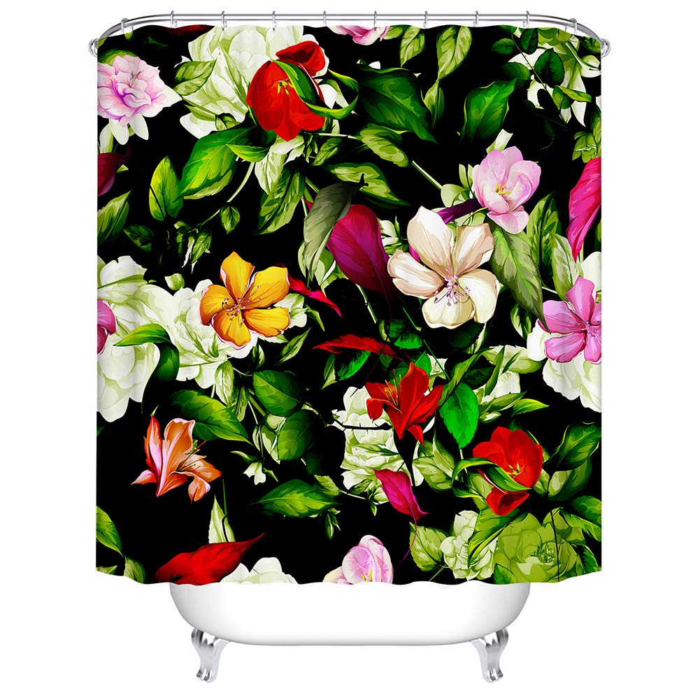 BOYOUTH Colorful Flowers and Green Leaves Pattern Digital Print Shower Curtains for Bathroom Decor,Polyester Waterproof Fabric Bath Curtain with 12 Hooks,70x78 Inches,Multicolor