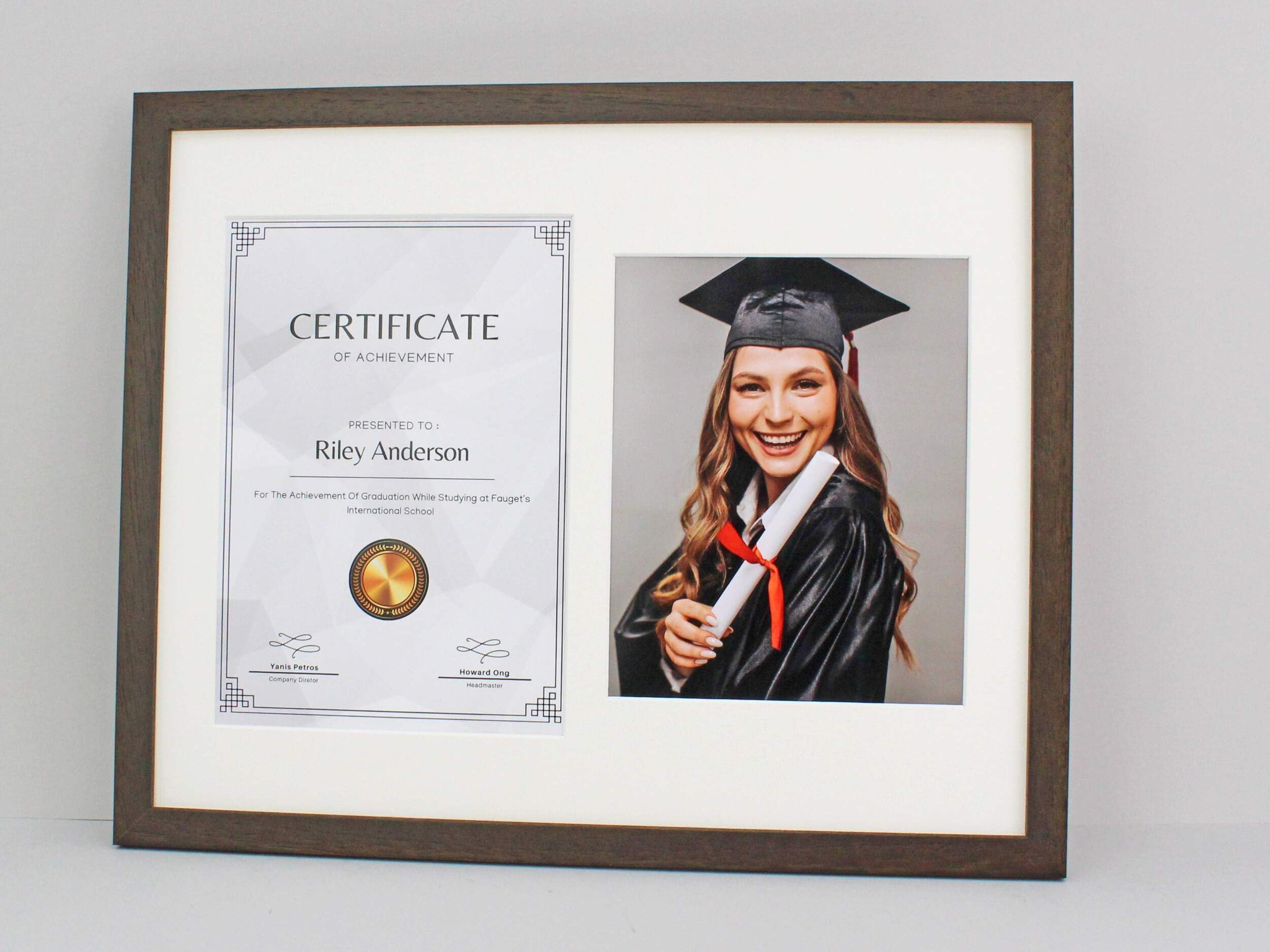 Certificate, Graduation, Diploma Frame with Photo. Suits an A4 Sized Certificate/image and a 10x8" Photo. Oak
