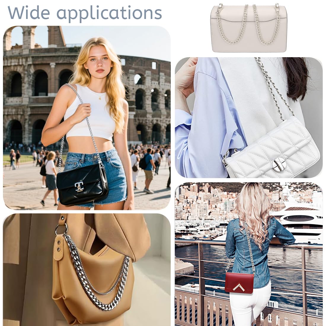 Cadena plateada para bolso, cadena metálica dorada para bolso, 120 cm, adecuada para bricolaje, bolsos, cadenas para bolsos de mano, cadenas de repuesto para bolsos de hombro.