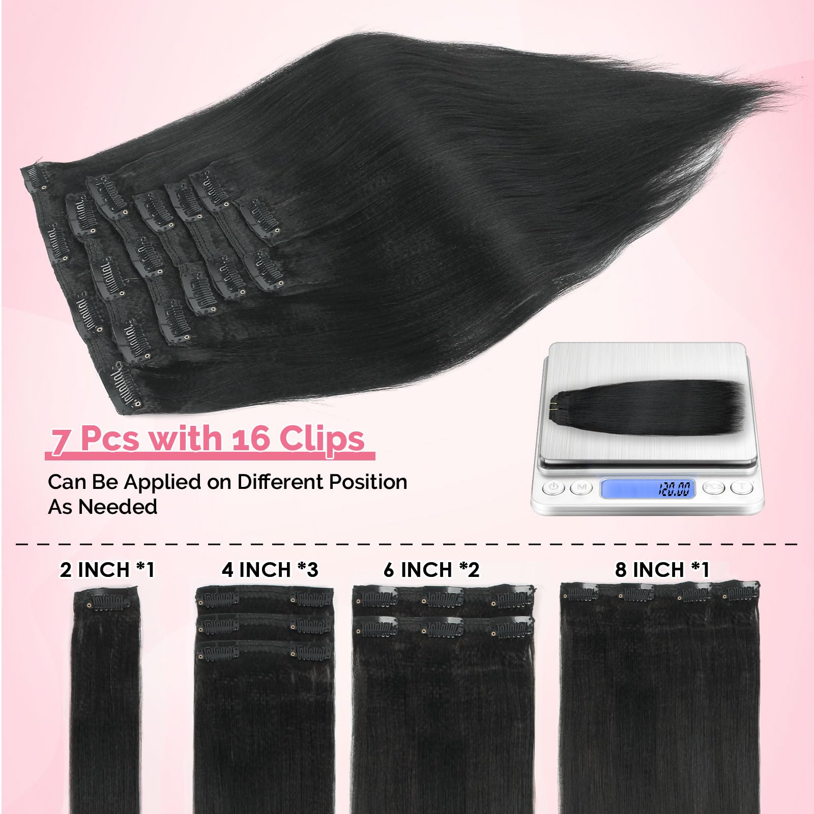 Yuniffe Yaki Straight Clip ins Human Hair for Black Women Yaki Hair Extensions Clip in #1 Jet Black Double Weft Brazilian Remy Hair Extensions Yaki Clip ins 18 Inch 7Pcs 120g - Image 4