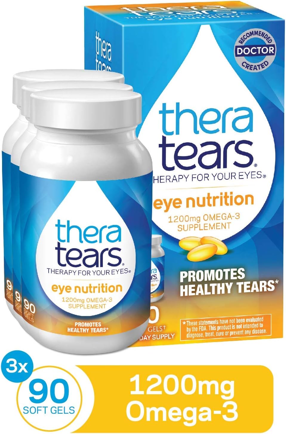 TheraTears 1200mg Omega 3 Supplement for Eye Nutrition, Organic Flaxseed Triglyceride Fish Oil and Vitamin E, 90 Count (Pack of 3)