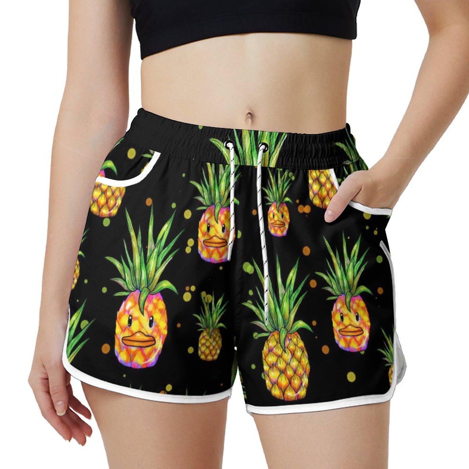 AYUNIX Women's Running Shorts with Pockets Quick Dry Performance Shorts for Women Duck Pineapple Athletic Workout Shorts White