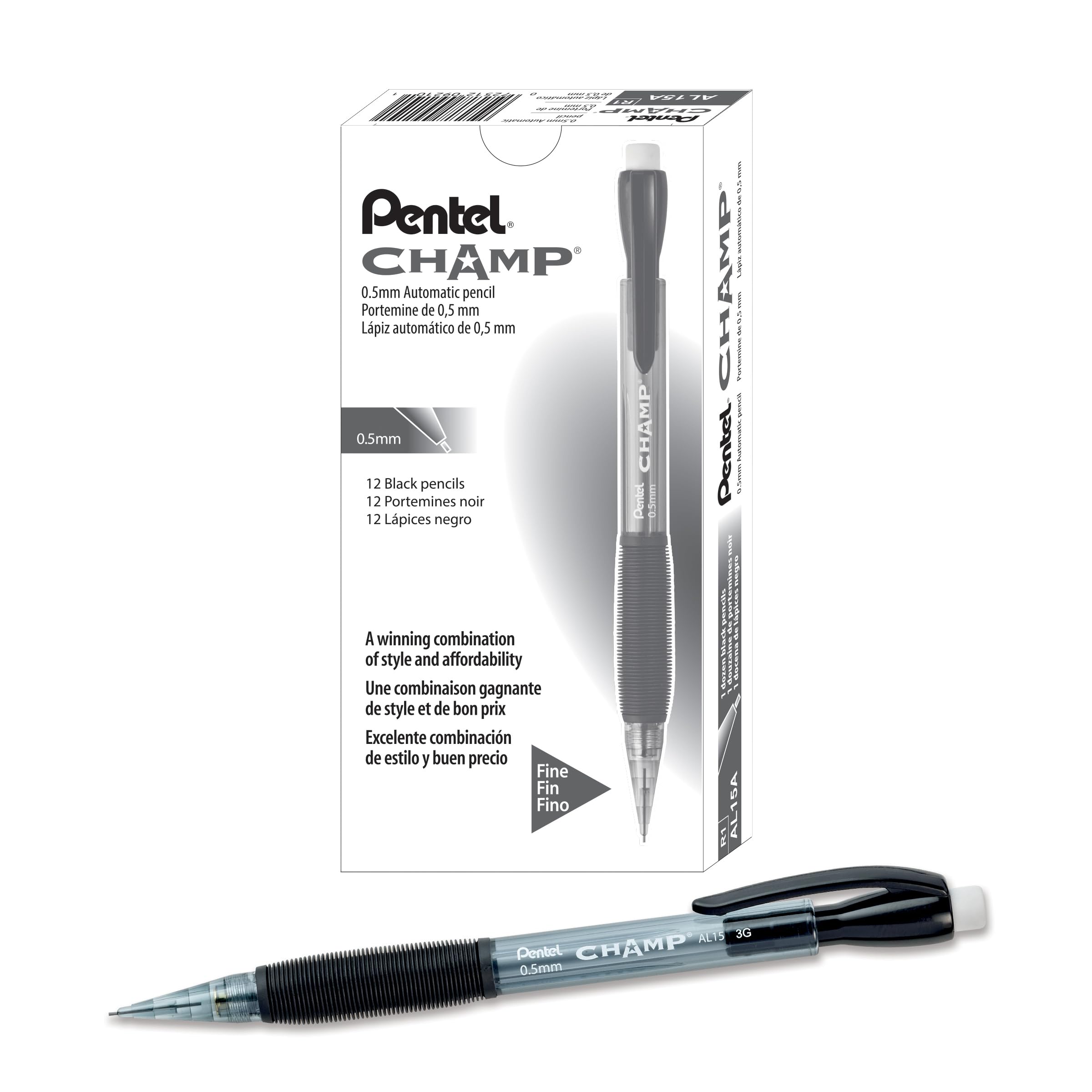 Pentel Champ Mechanical Pencil (0.7mm) Mechanical Pencil, Tinted Black Barrel, Box of 12 (AL17A)