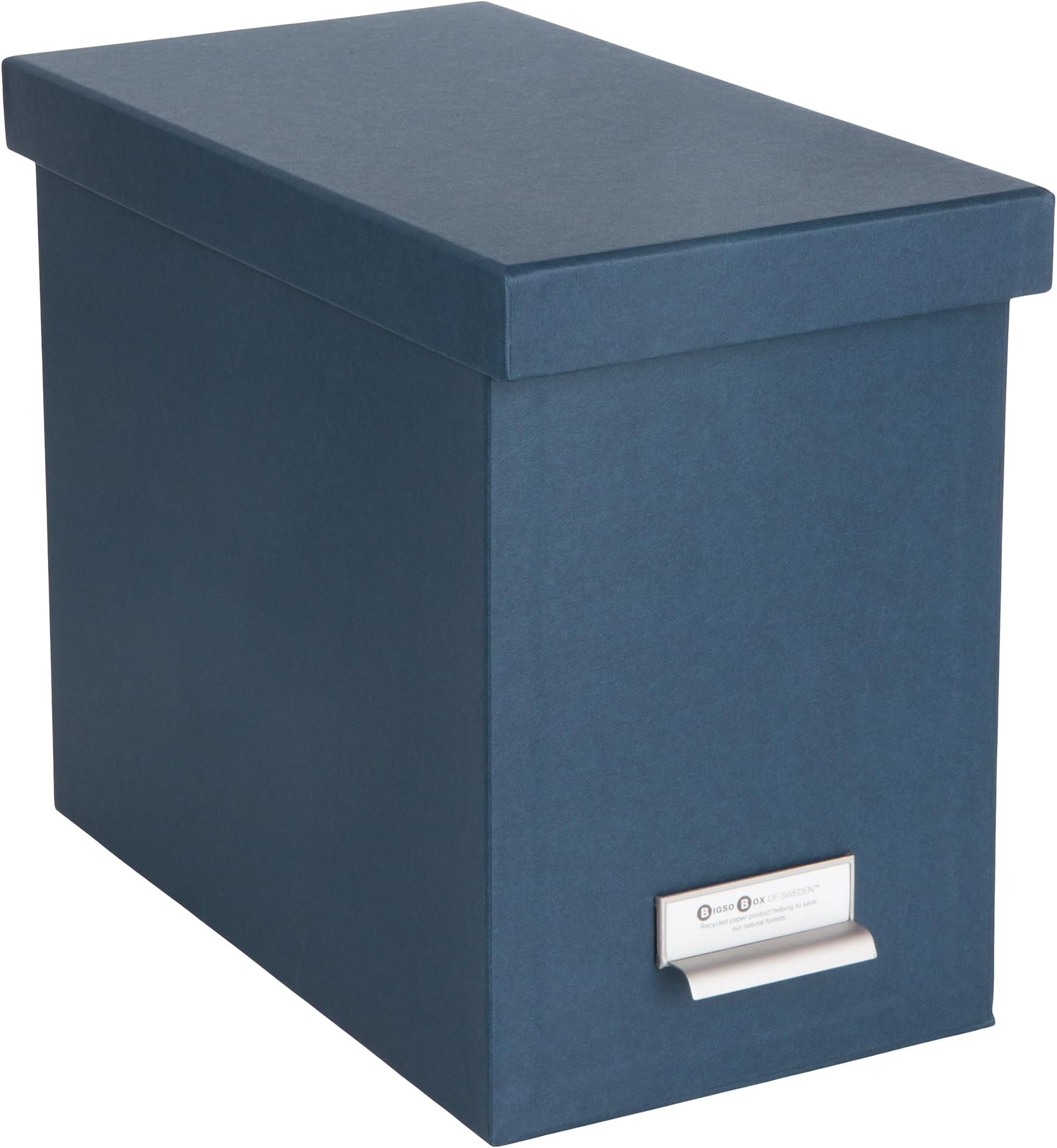Bigso John Fiberboard Label Frame Desktop File Storage Box - Document Organizer for Important Paperwork - Durable Hanging File Box with a Lid & Metal Label Window - 7.36 x 13.38 x 10.51 in - Blue