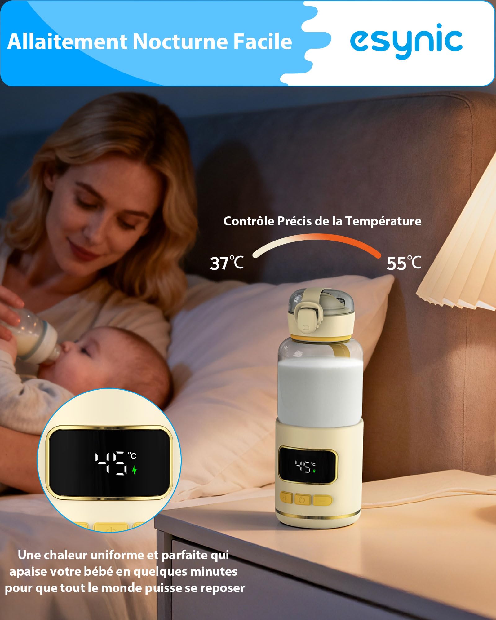 eSynic Chauffe Biberon Nomade Capacité 300ml sans Fil Écran Digital Verre Borosilicaté Graduations Claires Chauffe biberon Portable Contrôle de Température 37–55°C Batterie 15000mAh pour Voyage Sortie