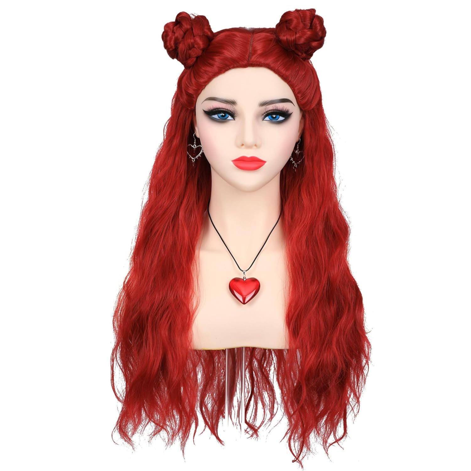 Women Long Curly Red Buns Wig with Red Heart Necklace and Earrings and Nose Stud for Princess Red Halloween Costume Party Cosplay