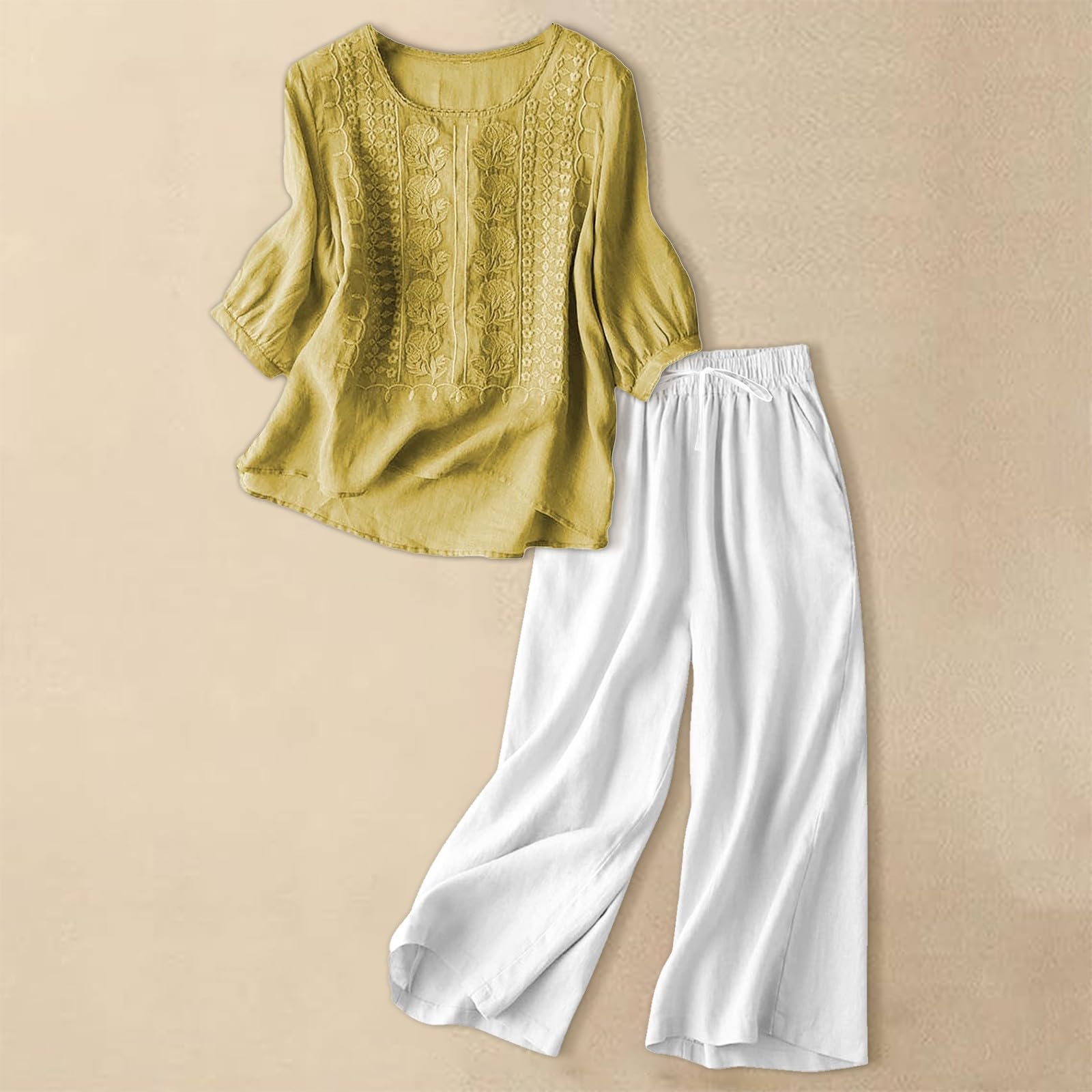 Set di pantaloni estivi da donna a gamba larga, vita alta, stile casual, in lino ricamato, elastico in vita, tasche laterali, tinta unita, lunghi, per il tempo libero, due pezzi, per viaggi e